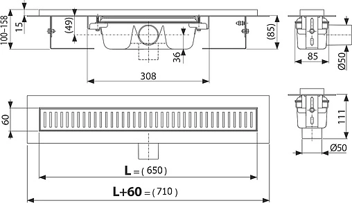 Лоток душевой 650мм h=85мм 1.15л/сек AlcaPlast APZ1-650