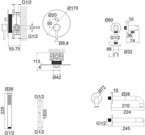 Смеситель для ванны скрытого монтажа WHITECROSS Y brushed gold золото брашированное YSET06GLB