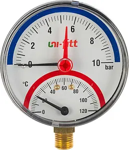 Термоманометр радиальный Uni-Fitt 80мм 10 бар 120°С ½" 311P3442 Термоманометр радиальный Uni-Fitt 80мм 10 бар 120°С ½" 311P3442, 1