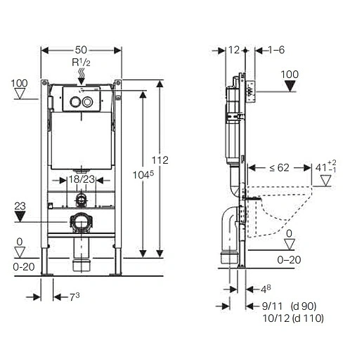 Инсталляция для подвесного унитаза Set 3 в 1 Geberit Duofix 458.120.11.1 с кнопкой Delta 21 белый глянцевый