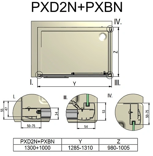 Душевое ограждение 1300x1000мм матовое стекло Roltechnik Proxima Line PXD2N+PXBN/1300*1000 526-1300000-00-15+527-1000000-00-15