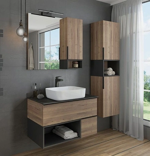 Тумба-умывальник подвесная Comforty Штутгарт 90 дуб тёмно-коричневый/чёрный 00-00002868CF