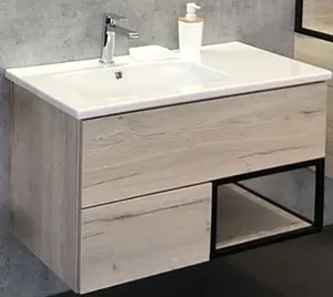 Тумба-умывальник подвесной Comforty Мальме 90 дуб дымчатый/чёрный 00-00004200CF, 1