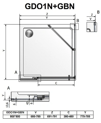 Душевое ограждение 800x800мм прозрачное стекло Roltechnik Elegant Neo Line GDO1N+GBN/800*800 188-8000000-00-02+189-8000000-00-02
