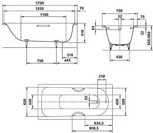 Ванна стальная Kaldewei Saniform Plus 170x75 mod. 373-1 anti-slip+easy-clean белый 112630003001, 2