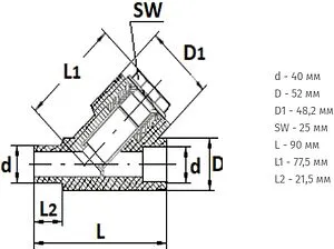 Фильтр угловой сетчатый 40мм н/в Политэк 9100314001 Фильтр угловой сетчатый 40мм н/в Политэк 9100314001, 2