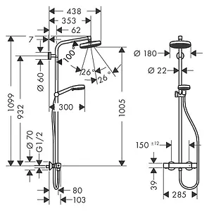 Душевая система с термостатом для душа Hansgrohe Crometta 160 1jet хром/белый 27264400 Душевая система с термостатом для душа Hansgrohe Crometta 160 1jet хром/белый 27264400, 2