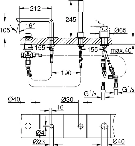 Смеситель на борт ванны на 4 отверстия Grohe Lineare хром 19577001