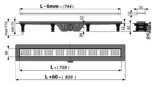 Лоток душевой Set 750мм h=62мм 0.46л/сек AlcaPlast APZ10-750M Simple