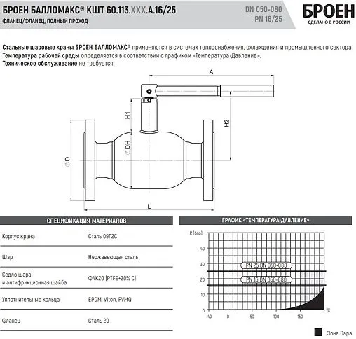 Кран шаровый фланцевый Ду65 Ру16 Broen БАЛЛОМАКС КШТ 60.113.065.А.16