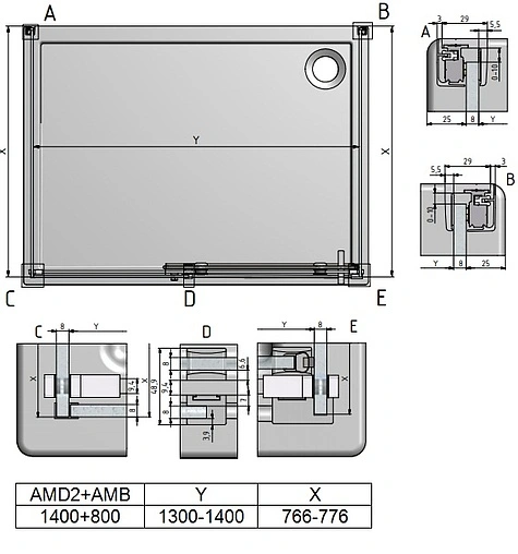 Душевое ограждение 1400x800мм прозрачное стекло Roltechnik Ambient Line AMB+AMD2+AMB/800*1400*800 621-8000000-00-02+620-1400000-00-02+621-8000000-00-02