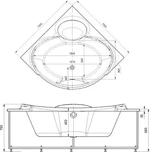 Ванна акриловая с гидромассажем Aquatek Эпсилон 150х150 с фронтальной панелью, с каркасом (вклеенный), с гидромассажем (пневмоуправление) EPS150-0000005, 2