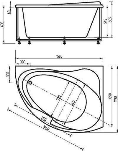 Ванна акриловая Aquatek Альтаир 158x119 R с фронтальной панелью с каркасом (вклеенный) ALT160-0000047