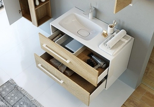 Тумба-умывальник подвесная Aqwella Miami 90 белый/дуб сонома Mai.01.09/L+Mal.09.04.D-L