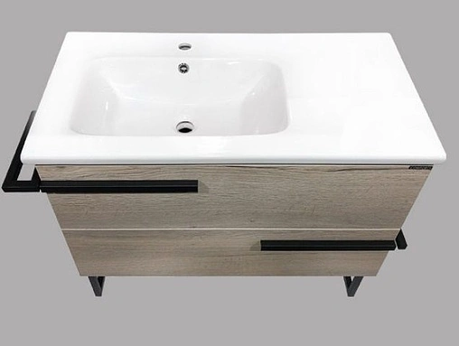 Тумба-умывальник напольная Comforty Дюссельдорф 90 дуб дымчатый/чёрный 00-00004093CF Тумба-умывальник напольная Comforty Дюссельдорф 90 дуб дымчатый/чёрный 00-00004093CF