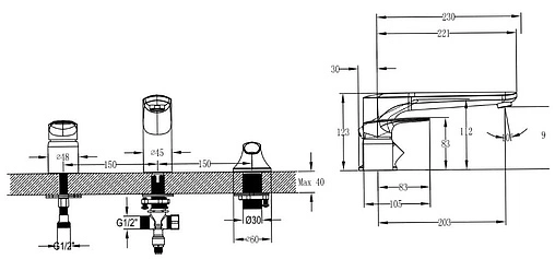 Смеситель на борт ванны на 3 отверстия Villeroy&amp;Boch O.novo Start хром TVT10500100061