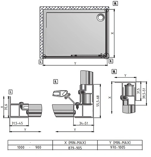 Душевое ограждение 1000x900мм прозрачное стекло Roltechnik Lega Line LLD2+LLB/1000*900 556-1000000-00-02+553-9000000-00-02