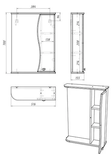 Шкаф-зеркало Айсберг Волна 50 R белый DA1043HZ