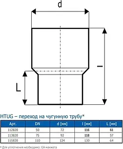 Переход на чугунную трубу внутренний D=72x50мм Ostendorf HTUG 112820 Переход на чугунную трубу внутренний D=72x50мм Ostendorf HTUG 112820, 2