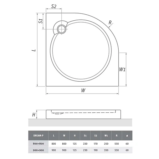 Поддон для душа акриловый низкий 900x900мм Roltechnik Dream-P 8000030
