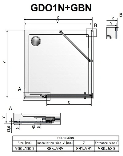 Душевое ограждение 1000x1000мм прозрачное стекло Roltechnik Elegant Neo Line GDO1N+GBN/1000*1000 188-1000000-00-02+189-1000000-00-02