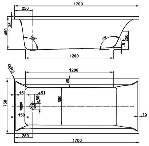 Ванна акриловая Vagnerplast Veronela 170x75 VPBA170VEA2X-04