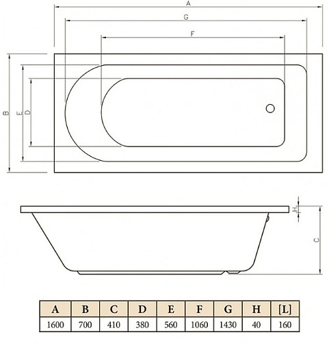 Ванна акриловая C-bath Rea 160x70 CBQ002002