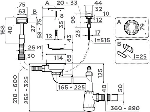 Сифон бутылочный для мойки с переливом Omoikiri WK-1-A-GM 4956470 Сифон бутылочный для мойки с переливом Omoikiri WK-1-A-GM 4956470
