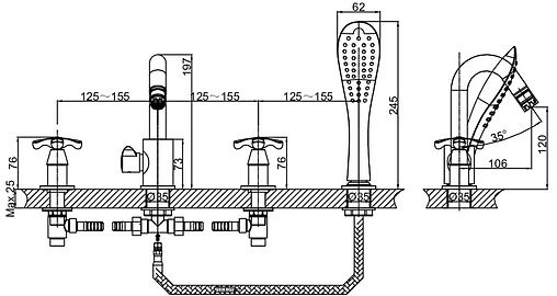 Смеситель на борт ванны на 4 отверстия D&amp;K Hessen Lorsch хром DA1414901