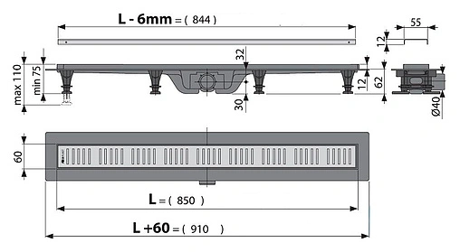 Лоток душевой Set 850мм h=62мм 0.46л/сек AlcaPlast APZ10-850M Simple