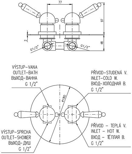 Смеситель для ванны скрытого монтажа Rav Slezak Labe бронза/белый L586SM
