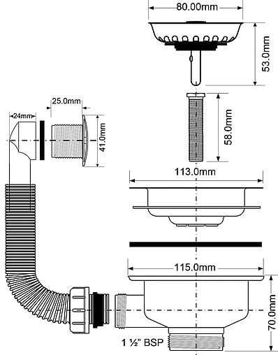 Выпуск с корзиной для мойки с круглым переливом Mc Alpine полированная сталь OF2-113S Выпуск с корзиной для мойки с круглым переливом Mc Alpine полированная сталь OF2-113S