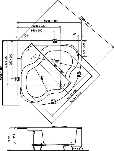 Ванна акриловая Ravak GENTIANA 150 x150 CG01000000