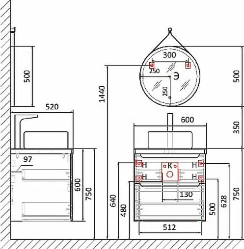 Тумба под умывальник подвесная Jorno Wood 60 серый wood.01.60/P/GR Тумба под умывальник подвесная Jorno Wood 60 серый wood.01.60/P/GR