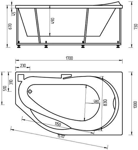 Ванна акриловая Aquatek Таурус 170х100 R с фронтальной панелью, с каркасом (разборный) TAR170-0000129
