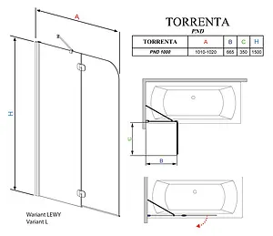 Шторка на ванну 1000мм прозрачное стекло Radaway Torrenta PND PND 100 L 201202-101NL, 2