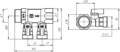 Коллектор запорный проходной 2 отвода 1&quot;в/н x ¾&quot;ек Valtec VTc.580.NE.0602