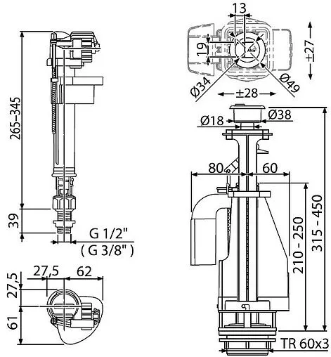 Комплект арматуры для бачка двухрежимный ½" пластик нижний AlcaPlast SA08S ½" CHROM Комплект арматуры для бачка двухрежимный ½" пластик нижний AlcaPlast SA08S ½" CHROM