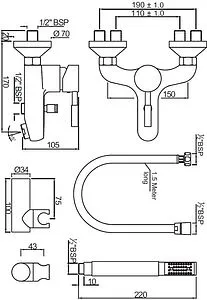 Смеситель для ванны Jaquar Solo хром SOL-CHR-6119SHK Смеситель для ванны Jaquar Solo хром SOL-CHR-6119SHK, 2