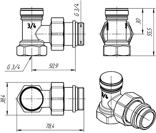Вентиль запорный угловой ¾&quot; в/н Valtec VT.019.N.05