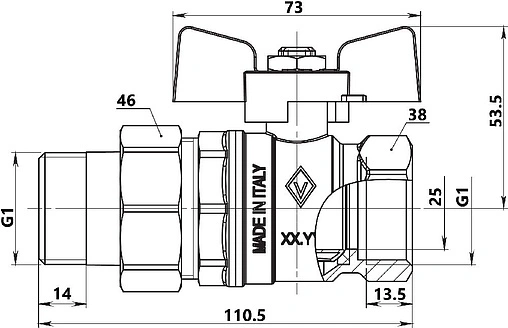 Кран шаровый с американкой 1"в x 1"н Bugatti New Jersey 09220006 Кран шаровый с американкой 1"в x 1"н Bugatti New Jersey 09220006