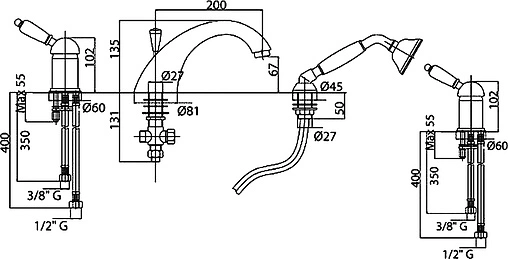 Смеситель на борт ванны на 3 отверстия Cezares Elite бронза/белый ELITE-BVDM-02-Bi