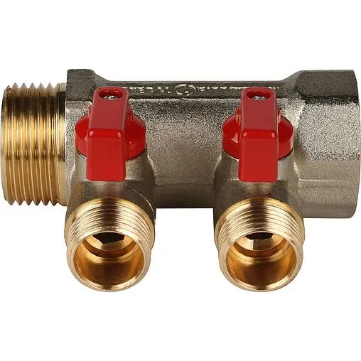 Коллектор запорный проходной 2 отвода красный 1"в/н x ½"н Stout SMB 6200 011202