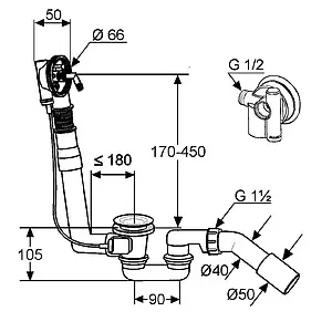 Слив-перелив для ванны без накладок с функцией налива Kludi Rotexa Multi 2131500-00 Слив-перелив для ванны без накладок с функцией налива Kludi Rotexa Multi 2131500-00, 2