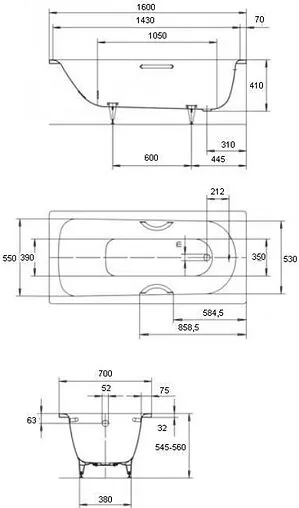 Ванна стальная Kaldewei Saniform Plus Star 160x70 mod. 332 standard с отв. для ручек белый 133200010001