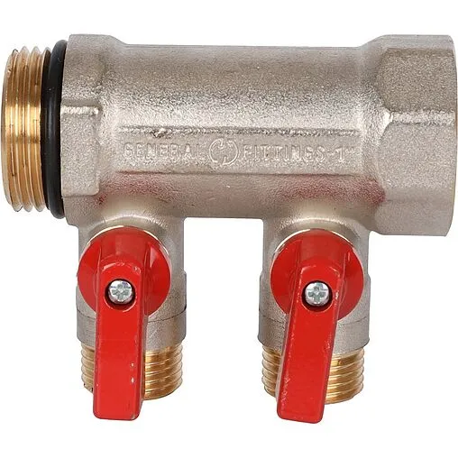 Коллектор запорный проходной 2 отвода красный 1"в/н x ½"н Stout SMB 6210 011202