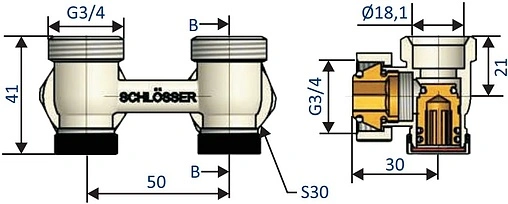 Узел нижнего подключения радиатора угловой ¾&quot;ек x ¾&quot;ек Schlosser Standard 600700004