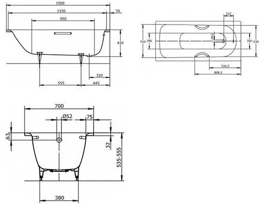 Ванна стальная Kaldewei Saniform Plus Star 150x70 mod. 331 standard с отв. для ручек белый 133100010001