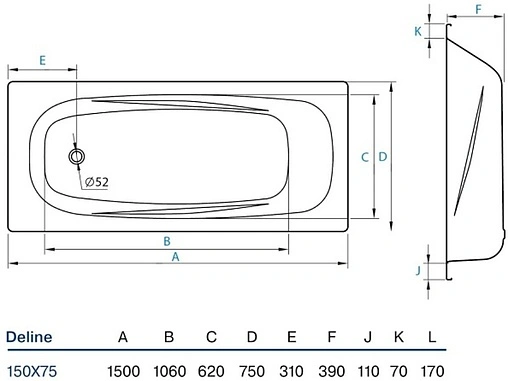Ванна стальная Koller Pool Deline 150х75 белый B55US200E