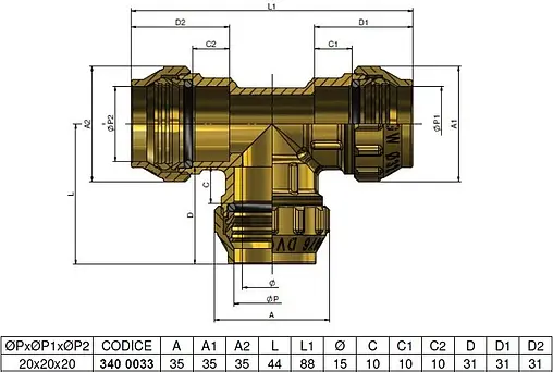 Тройник компрессионный соединительный 20мм x 20мм x 20мм Tiemme 3400033
